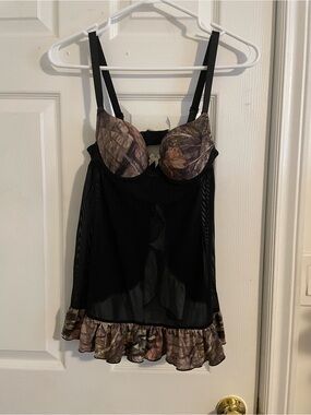 Camouflage Ruffled Trim Black Bustier Babydoll Nightgown Top Size S